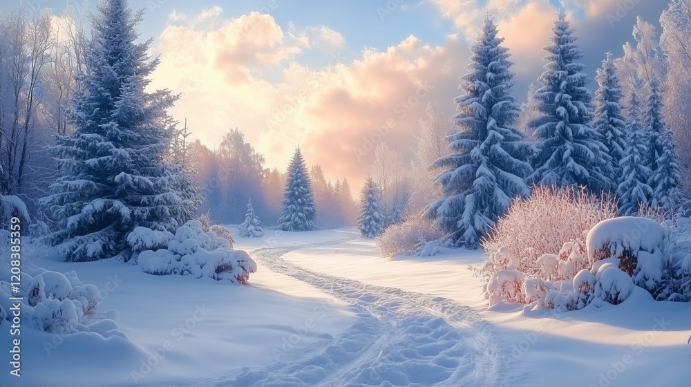 Serene Winter Landscape with Snowy Trees and Soft Sunrise Light Serene Winter Landscape with Snowy Trees and Soft Sunrise Light