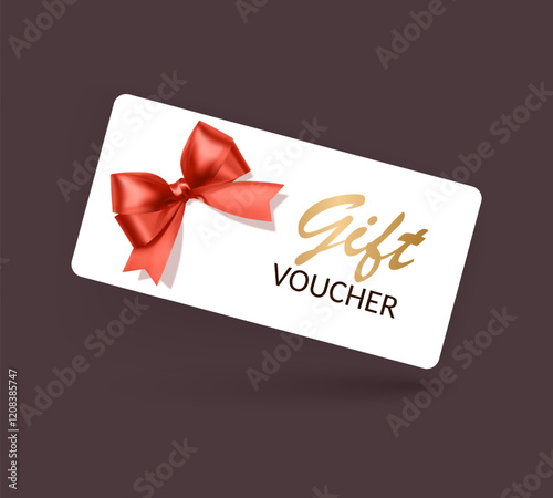 Gift voucher template with Red realistic ribbon. Vector illustration. Design for invitation, certificate, gift coupon, ticket or voucher