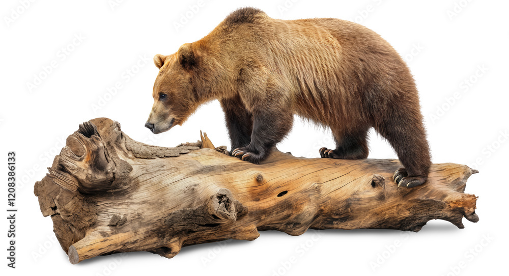 Fototapeta premium A big bear stands on a big old log on a transparent background illustration.
