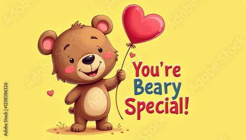 A cheerful cartoon bear holding a heart-shaped balloon and a sign that reads 