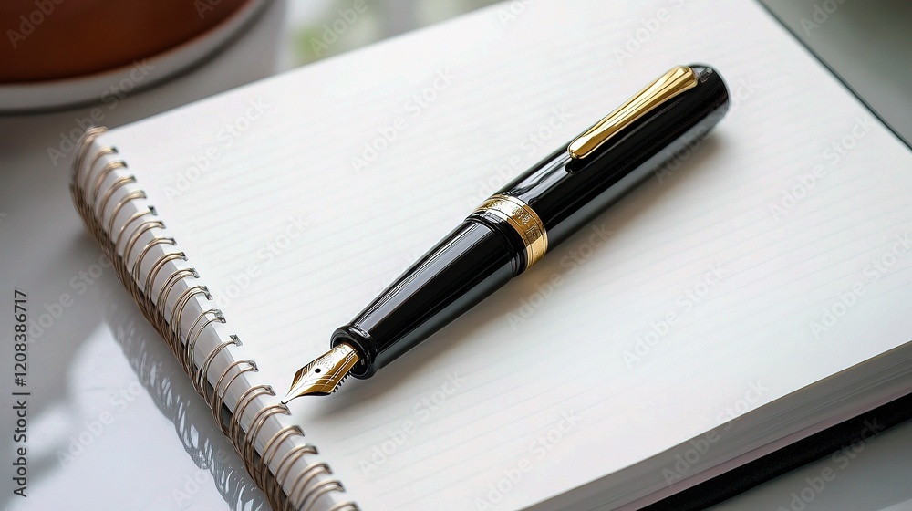 Elegant Black Fountain Pen on White Notebook with Colorful Background Elegant Black Fountain Pen on White Notebook with Colorful Background