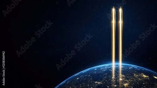 Telecommunication engineers deploy advanced 5G technology to enhance global connectivity from a satellite vantage point