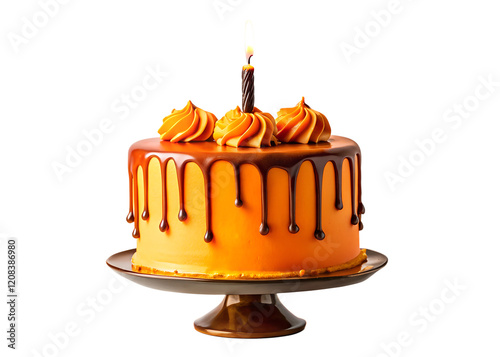 A birthday cake with a candle on top, isolated on a white background, featuring chocolate icing, cream, and decorations, perfect for a celebration or holiday party photo