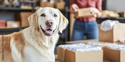 A cheerful Labrador retriever sits among packed boxes, while a person prepares a package in a cozy workspace.