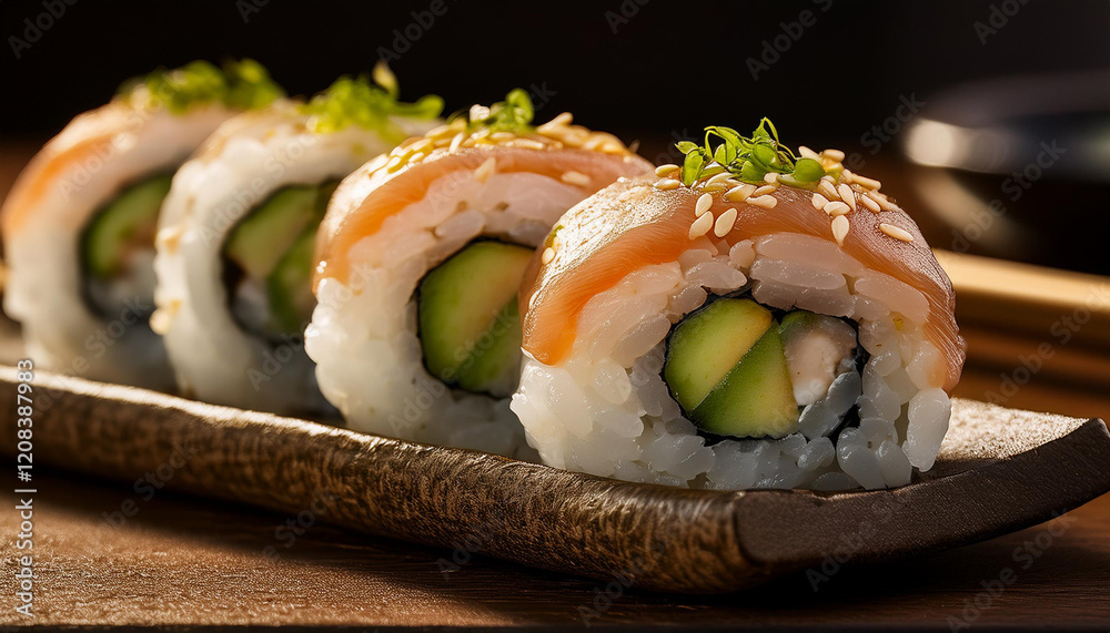 enticing close up of fresh sushi rolls showcasing intricate details and natural lighting appeal enticing close up of fresh sushi rolls showcasing intricate details and natural lighting appeal
