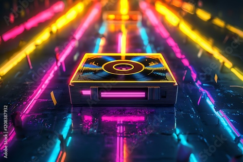Neon cassette glowing brightly in the middle a dark space with colorful light beams