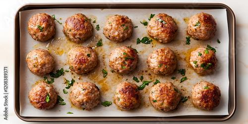 Juicy meatballs, browned to perfection, ready to be served.  Garnished with fresh herbs for an extra touch of flavor.