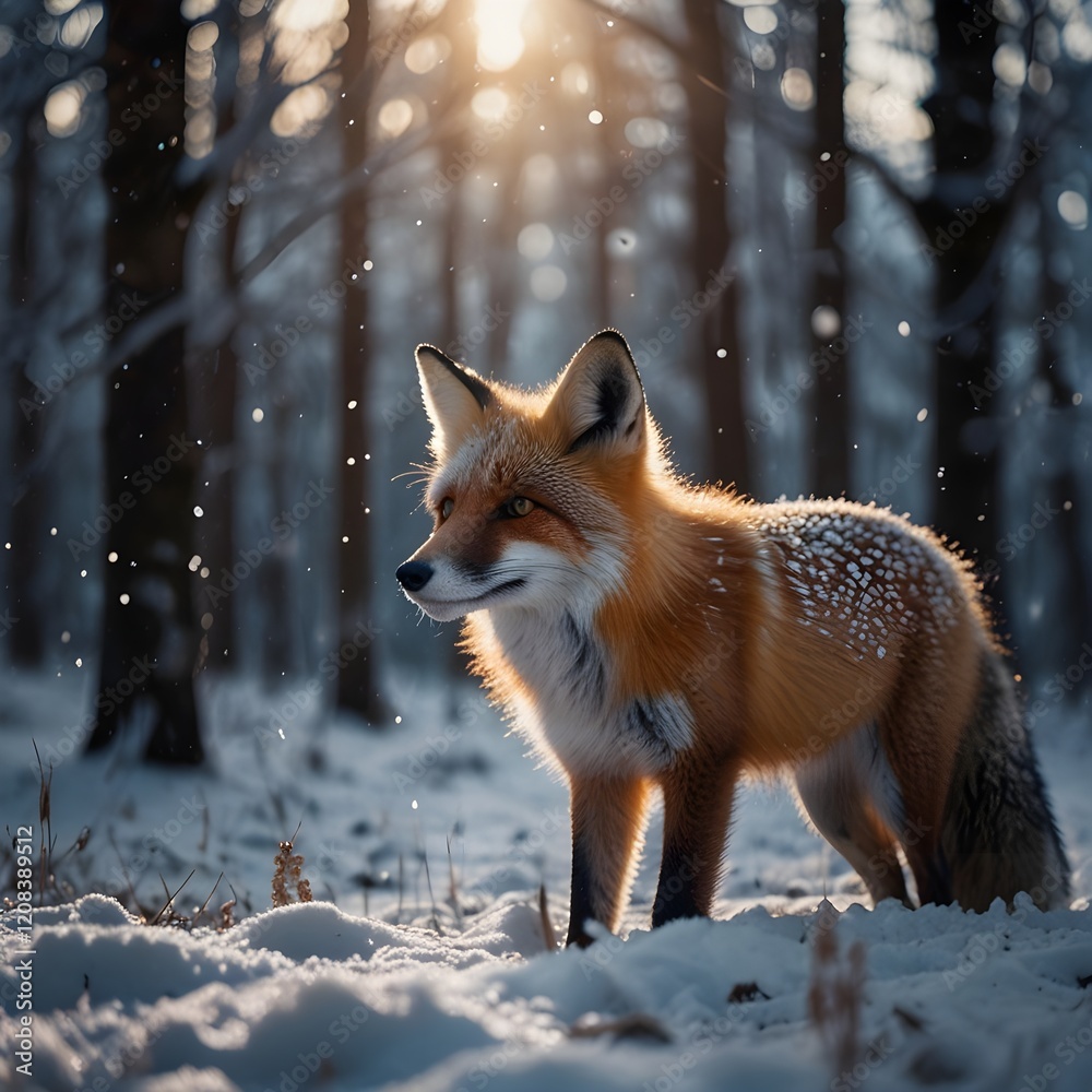A red fox illuminated by golden rays of sunlight stands in a snowy forest, with snow gently falling, creating a magical winter atmosphere.
A red fox illuminated by golden rays of sunlight stands in a snowy forest, with snow gently falling, creating a magical winter atmosphere.