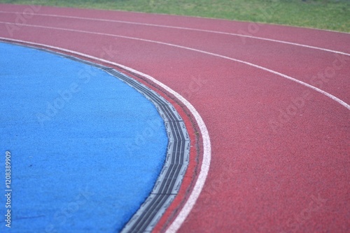 red running track curve with white lines, blue sports field in left side and green grass in right side photo