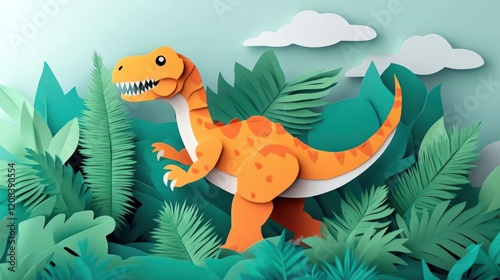 Papercraft Tyrannosaurus Rex in Lush Jungle: A charming paper-cut Tyrannosaurus Rex emerges from a lush green jungle, a delightful fusion of artistry and prehistoric wonder.