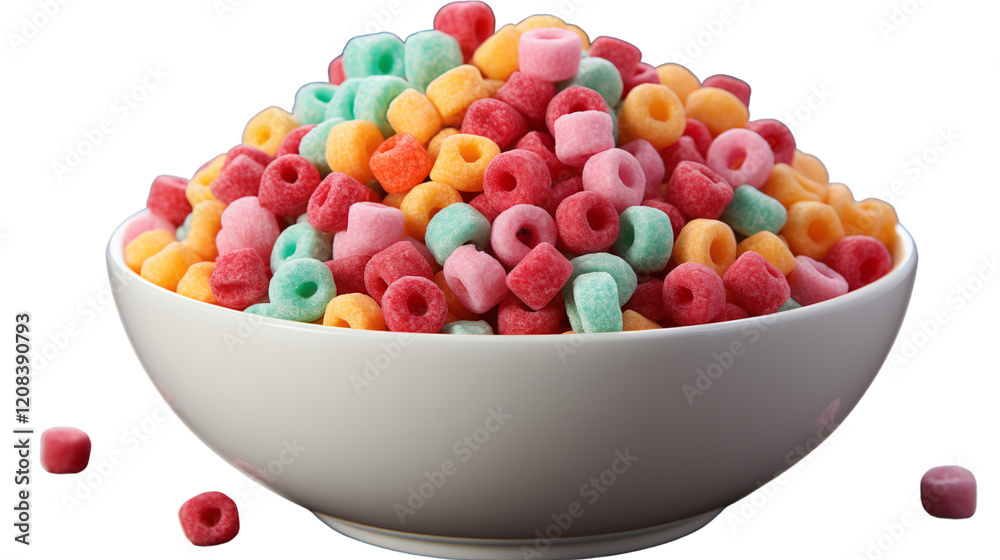 Vibrant cereal rings in a white bowl on a wooden table, symbolizing a fun and tasty breakfast, studio view, isolated on transparent background. Vibrant cereal rings in a white bowl on a wooden table, symbolizing a fun and tasty breakfast, studio view, isolated on transparent background.