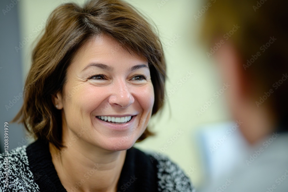 A smiling woman wearing a black and white sweater, with short brown hair A smiling woman wearing a black and white sweater, with short brown hair