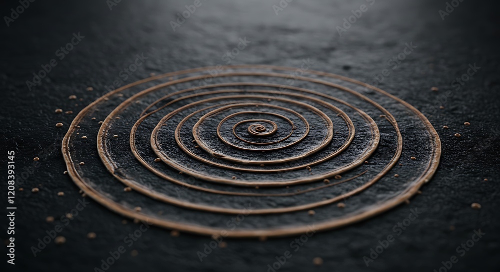 Intricate spiral concentric rings. Dark background, textured, brown abstract design. Macro circles. Intricate spiral concentric rings. Dark background, textured, brown abstract design. Macro circles.
