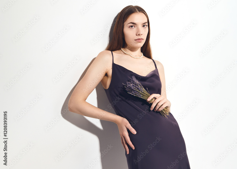 A slender woman in a stylish silk dress and pearl necklace poses on a white background holding a bouquet of lavender in her hands A slender woman in a stylish silk dress and pearl necklace poses on a white background holding a bouquet of lavender in her hands