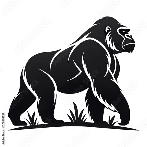 gorilla side view, logo, black outline vector drawing PNG photo