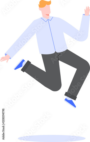 Happy businessman jumping with arms outstretched, celebrating career success, achievement and accomplishment, expressing joy and excitement, wearing casual business attire