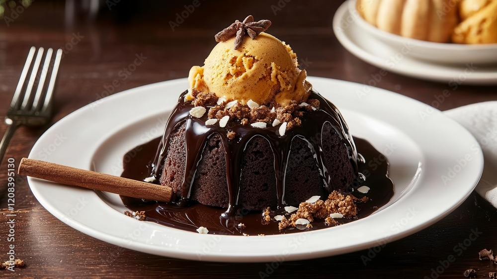 Chocolate lava cake ice cream dessert concept. A rich chocolate dessert served with ice cream, garnished with nuts and a cinnamon stick, on a white plate against a rustic wooden background. Chocolate lava cake ice cream dessert concept. A rich chocolate dessert served with ice cream, garnished with nuts and a cinnamon stick, on a white plate against a rustic wooden background.