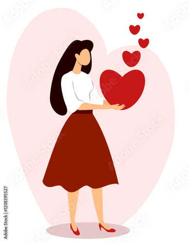 Valentines Day celebration with a woman holding a heart surrounded by floating love hearts in an illustrated design