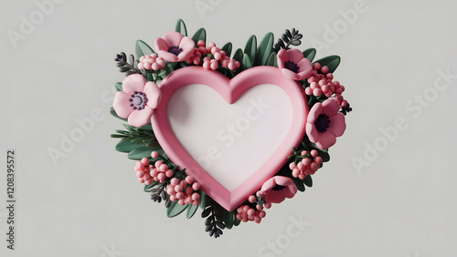 3D Render of a Pink Heart-Shaped Frame Adorned with Elegant Flowers and Foliage