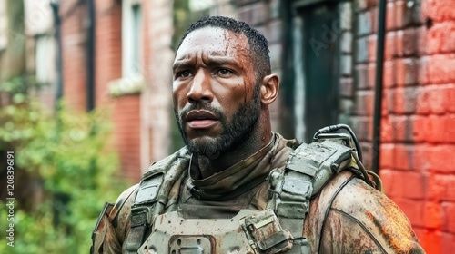 A focused soldier, drenched and muddy, stands in an urban setting with resilient determination, showcasing the dramatic impact of his environment on his expression.