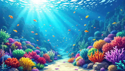 Fototapeta Naklejka Na Ścianę i Meble -  A digital illustration of a vibrant underwater scene featuring a coral reef with a variety of colorful marine life, including fish and coral formations. Pixel art background, pixel art wallpaper