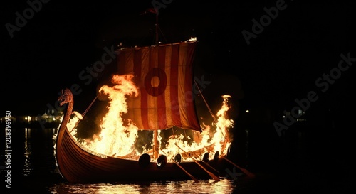 Viking longship on fire at night calm body of water