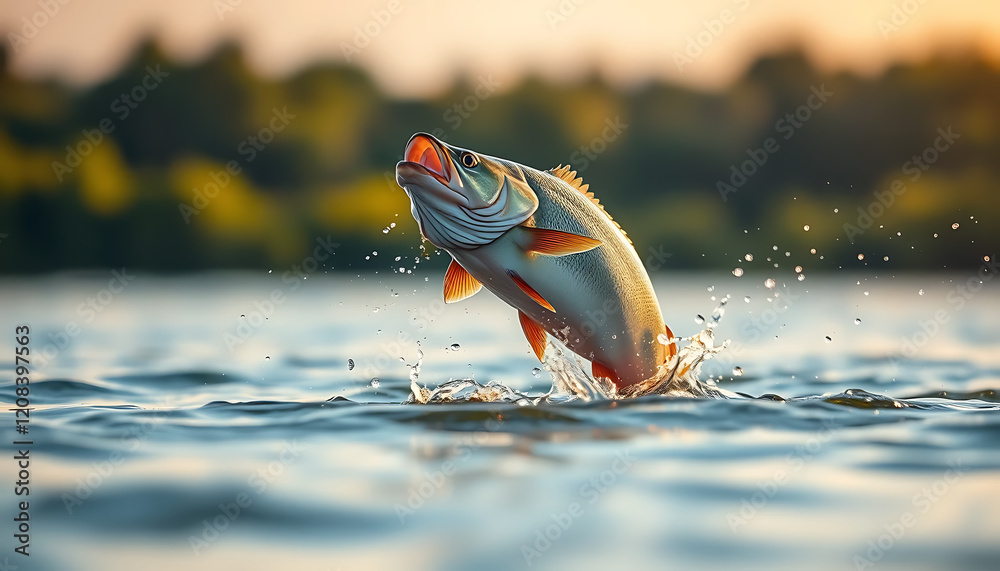 Fototapeta premium Dynamic Fish Jumping Out of Water Vibrant Aquatic Wildlife in Action 