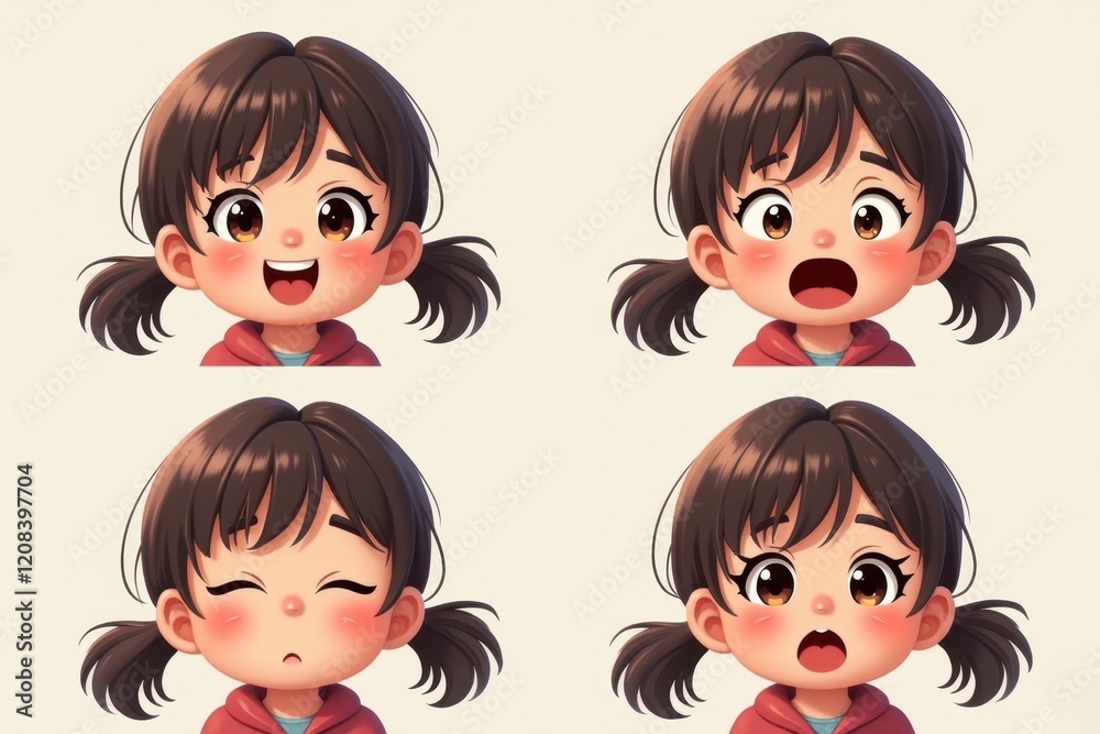 Expressions of a cute girl showing joy, surprise, sleepiness, and curiosity in four quadrants against a neutral background, capturing childhood emotions. Expressions of a cute girl showing joy, surprise, sleepiness, and curiosity in four quadrants against a neutral background, capturing childhood emotions.