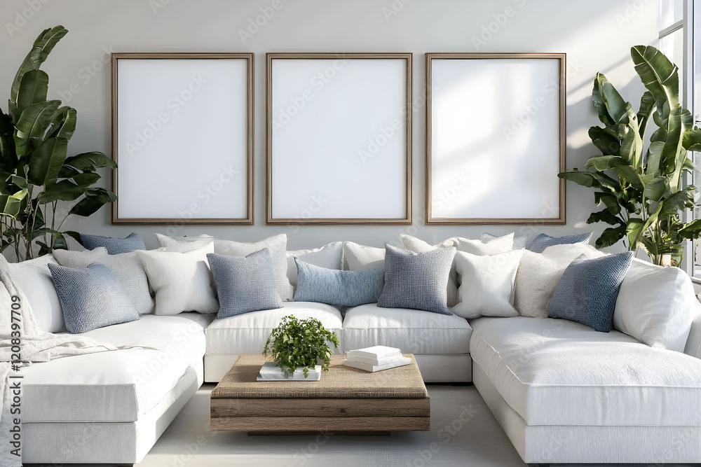 Fototapeta premium Cozy living room with modern decor featuring large sectional sofa, fresh plants, and empty three picture frames foe wall art mockup.