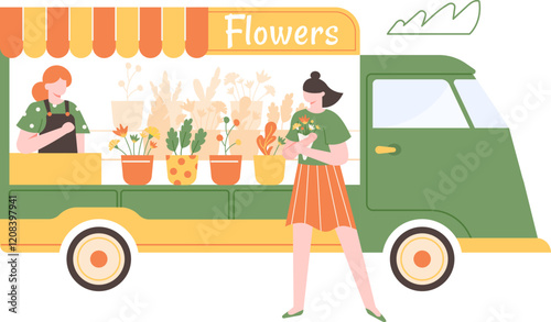 Florist operating a customized van, selling vibrant flowers while a satisfied customer walks away, happily holding a beautiful bouquet after a delightful shopping experience