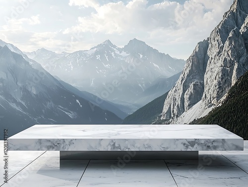 Elegant flat marble table paired with mountain scenery perfect for showcasing sophisticated products