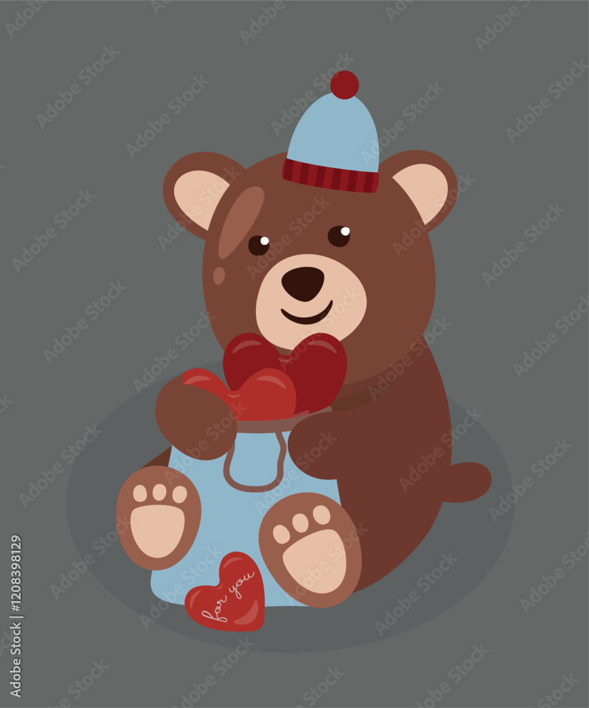 Obraz premium For You, Illustration with Bear is Sitting and Holding Heart Bag