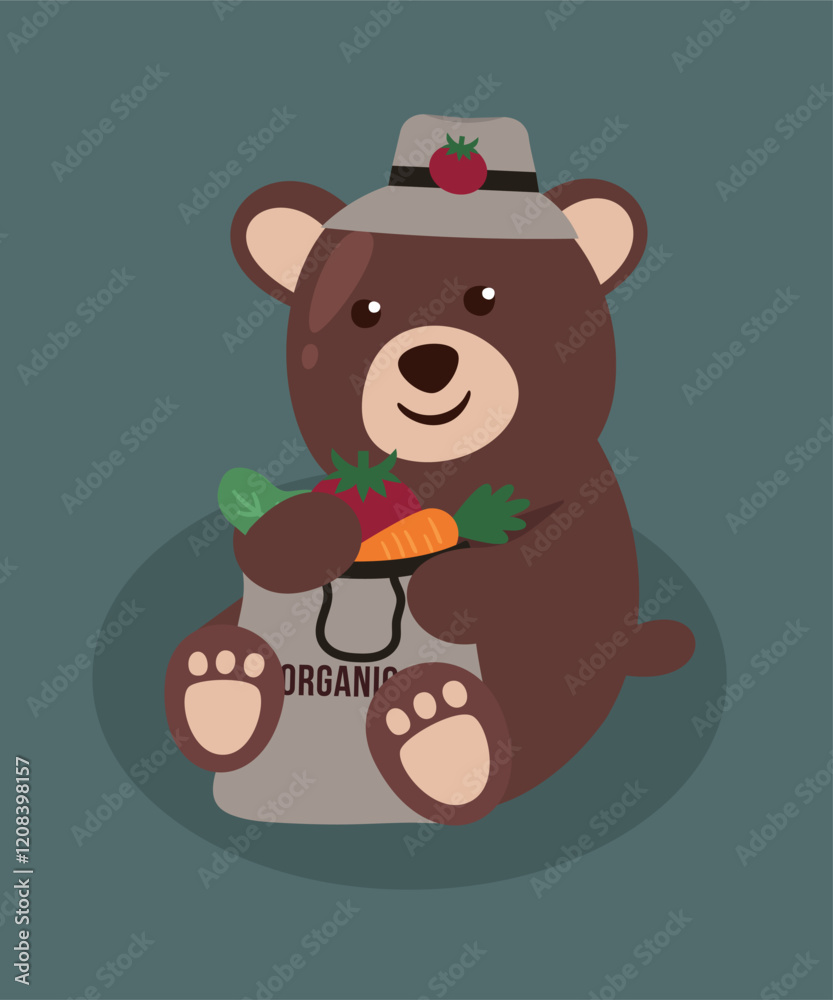 Obraz premium Organic Illustration with Bear is Sitting and Holding Vegetables Bag