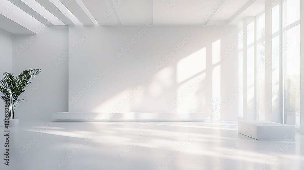 Fototapeta premium Minimalist Interior with Sunlight: A spacious, modern interior space bathed in soft, natural sunlight streaming through large windows. The minimalist design features a white backdrop.