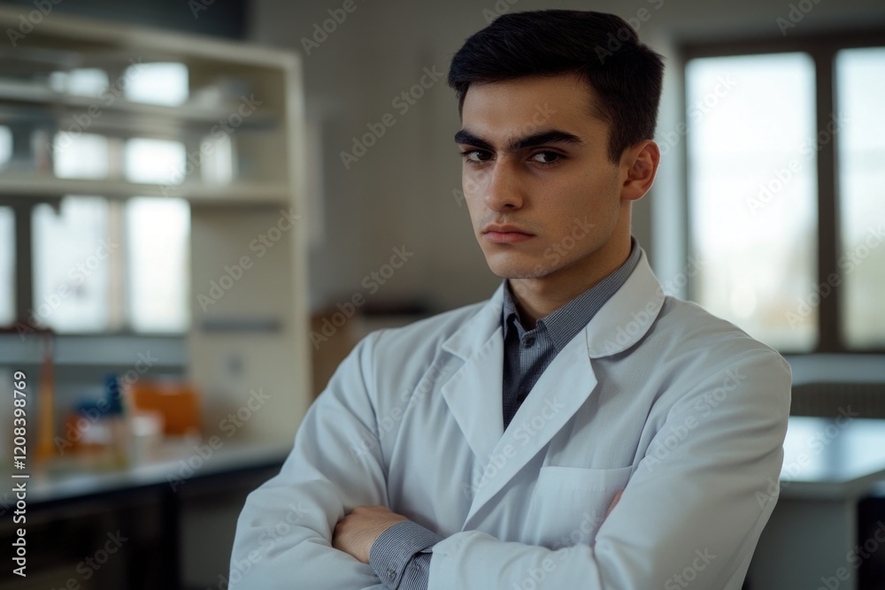A scientist stands with his arms crossed, dressed in a lab coat A scientist stands with his arms crossed, dressed in a lab coat