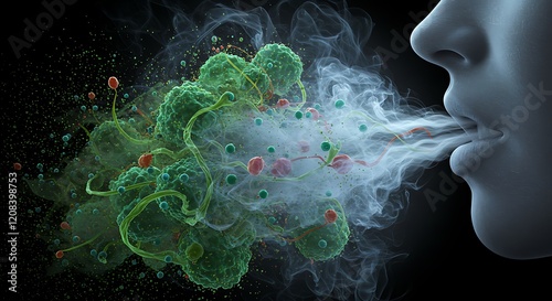 Microscopic virus and bacteria airborne transmission.  Disease infection risk via exhalation.