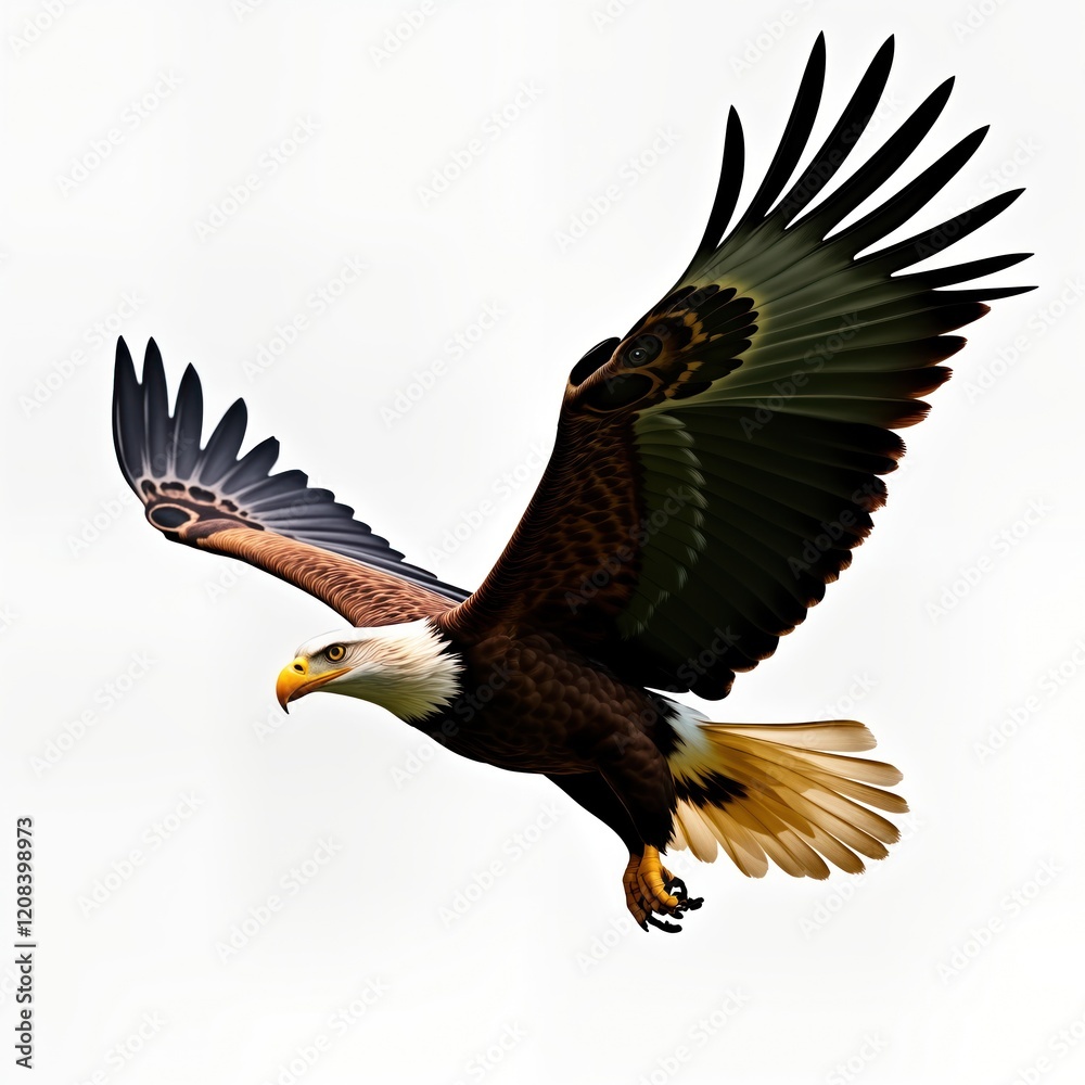 Obraz premium Majestic eagle soars freely in sky. Powerful bird of prey displays strong wings, sharp beak. Wild nature scene animal in flight. Symbol of freedom, power. Eagle in flight against white background.