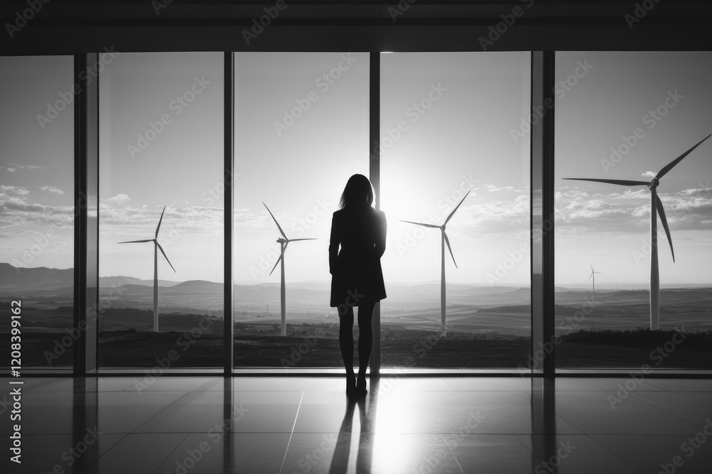 Fototapeta premium Silhouette of a woman gazing at wind turbines through a large window, signifying clean energy and a sustainable future.
