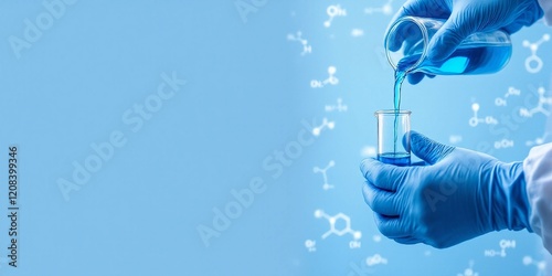 Scientist pouring liquid in laboratory test tube on blue background with rising bubbles. Medical research, chemistry experiment. Science panoramic banner with copy space