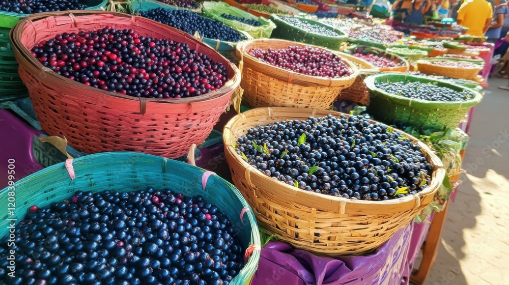 Fototapeta premium colorful baskets of fresh berries at outdoor market, vibrant and inviting, perfect for illustrating healthy snacks and local agriculture
