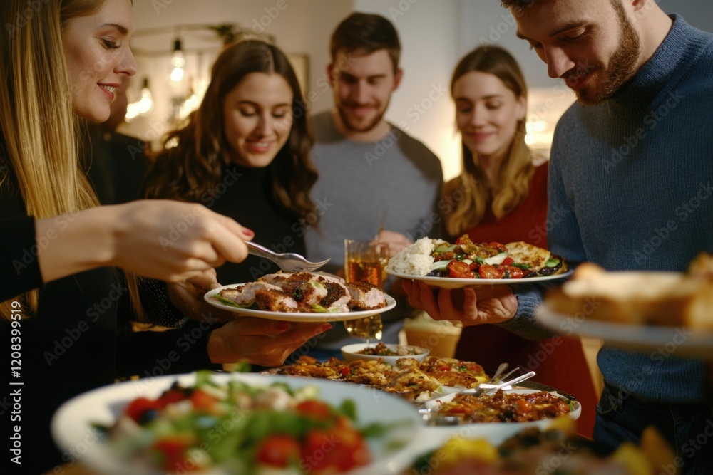 A group of people standing around a table filled with various types of food, perfect for social gatherings or parties A group of people standing around a table filled with various types of food, perfect for social gatherings or parties