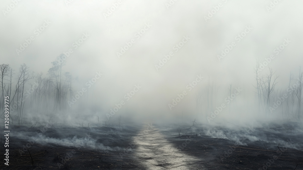 Obraz premium 濃い煙に包まれた林道が語る自然災害の影響