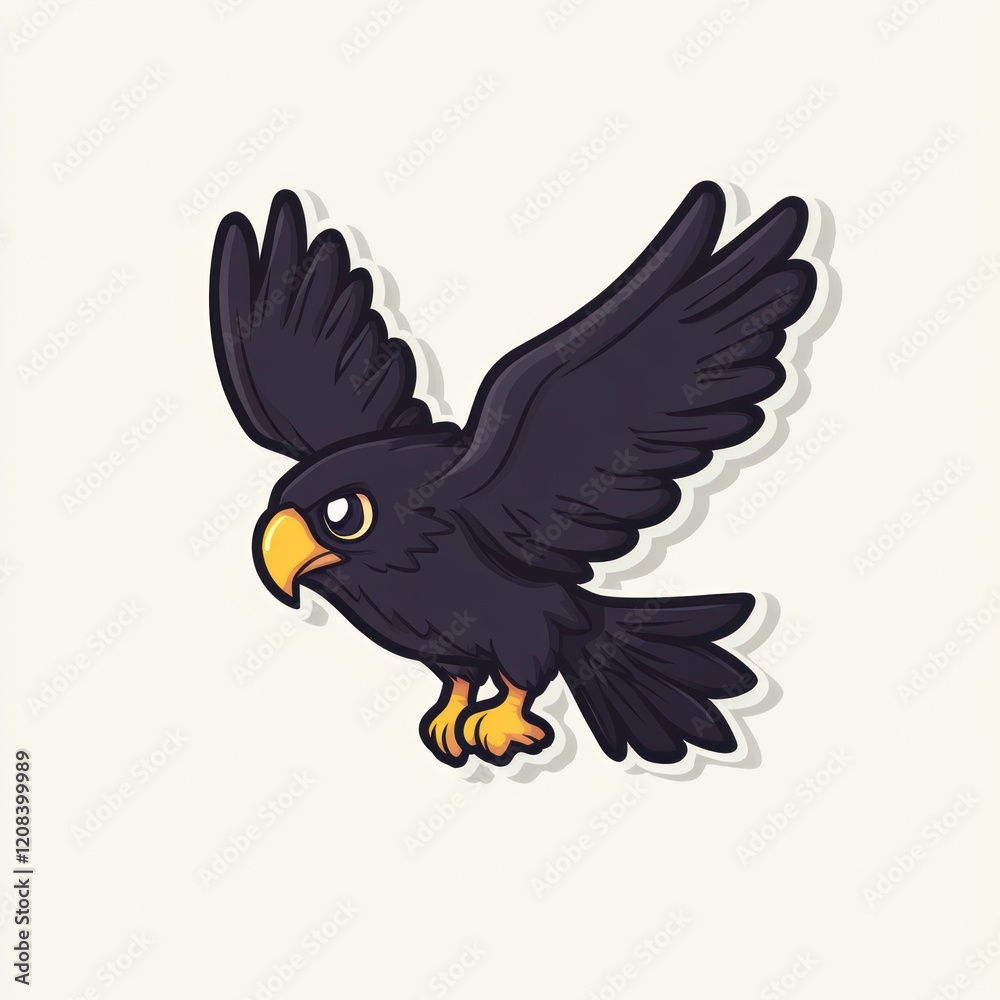 Obraz premium Cartoon black bird soaring, children's book illustration