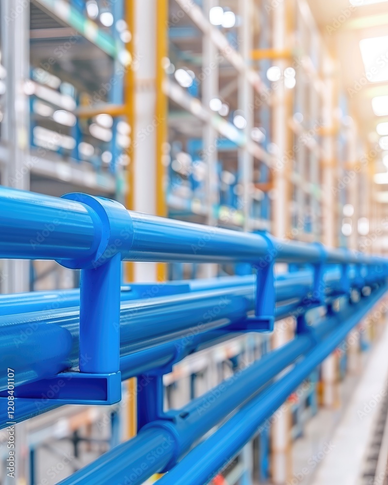 Industrial blue pipes in a modern warehouse setting. Industrial blue pipes in a modern warehouse setting.