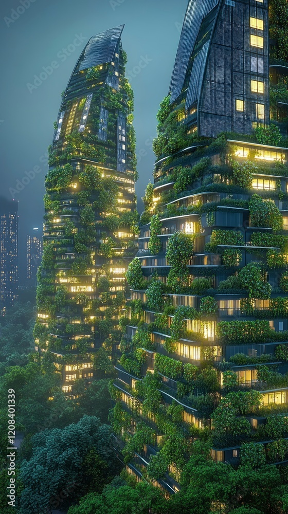 Obraz premium A futuristic sustainable city with green rooftops, solar panels, and vertical gardens, glowing with soft evening light