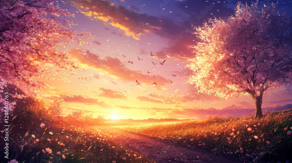 Obraz premium Sunrise: Hope and New Beginnings: The sunrise in the background symbolizes the dawn of a new season, bringing warmth, light, and a sense of optimism. 