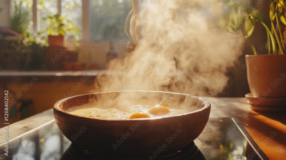 A cozy kitchen scene with a freshly made steamed egg being served in a rustic bowl, with steam rising and warm natural light filtering through. A cozy kitchen scene with a freshly made steamed egg being served in a rustic bowl, with steam rising and warm natural light filtering through.