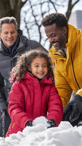 Homoparental and diverse family of two fathers and a daughter, enjoying a winter day together, smiling and playing in the snow photo