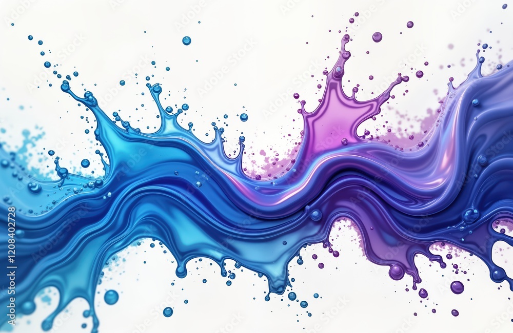 Dynamic liquid splash abstract art in vibrant blue, purple colours on white background. Fluid movement, swirling patterns create sense of energy, freshness. Splashing liquid droplets, waves Dynamic liquid splash abstract art in vibrant blue, purple colours on white background. Fluid movement, swirling patterns create sense of energy, freshness. Splashing liquid droplets, waves