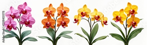 Colorful orchid flowers isolated on transparent background. Set of pink orange, yellow orchids. Orchid beautiful blossom, vibrant color. Floral design for home decor prints. Ideal for graphic design